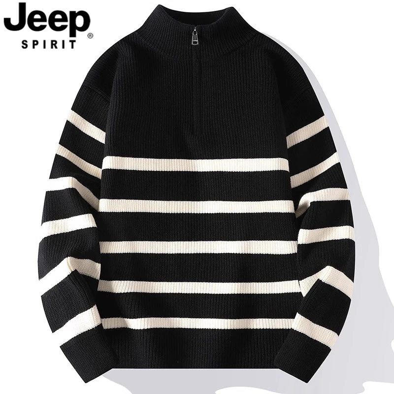 吉普半高领毛衣男士春秋季黑白条纹打底衫春季休闲高级感男装