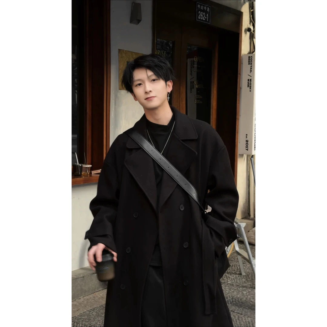 冬季加棉中长款韩版休闲呢大衣男士宽松加厚风衣外套双排扣过膝黑