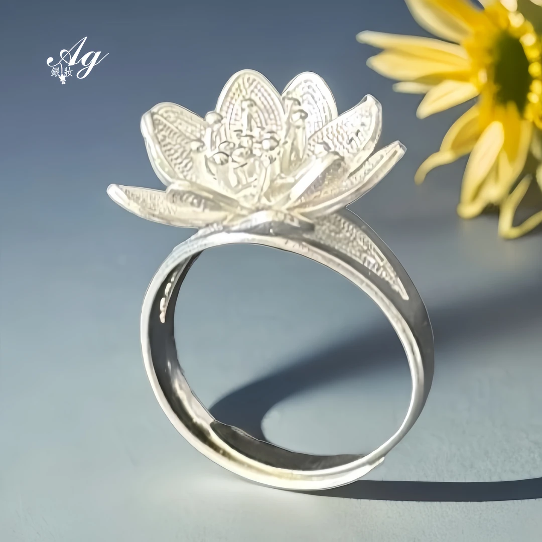 足银戒指 【银妆】莲花戒指女款经典花戒手工气质可调节简约素款