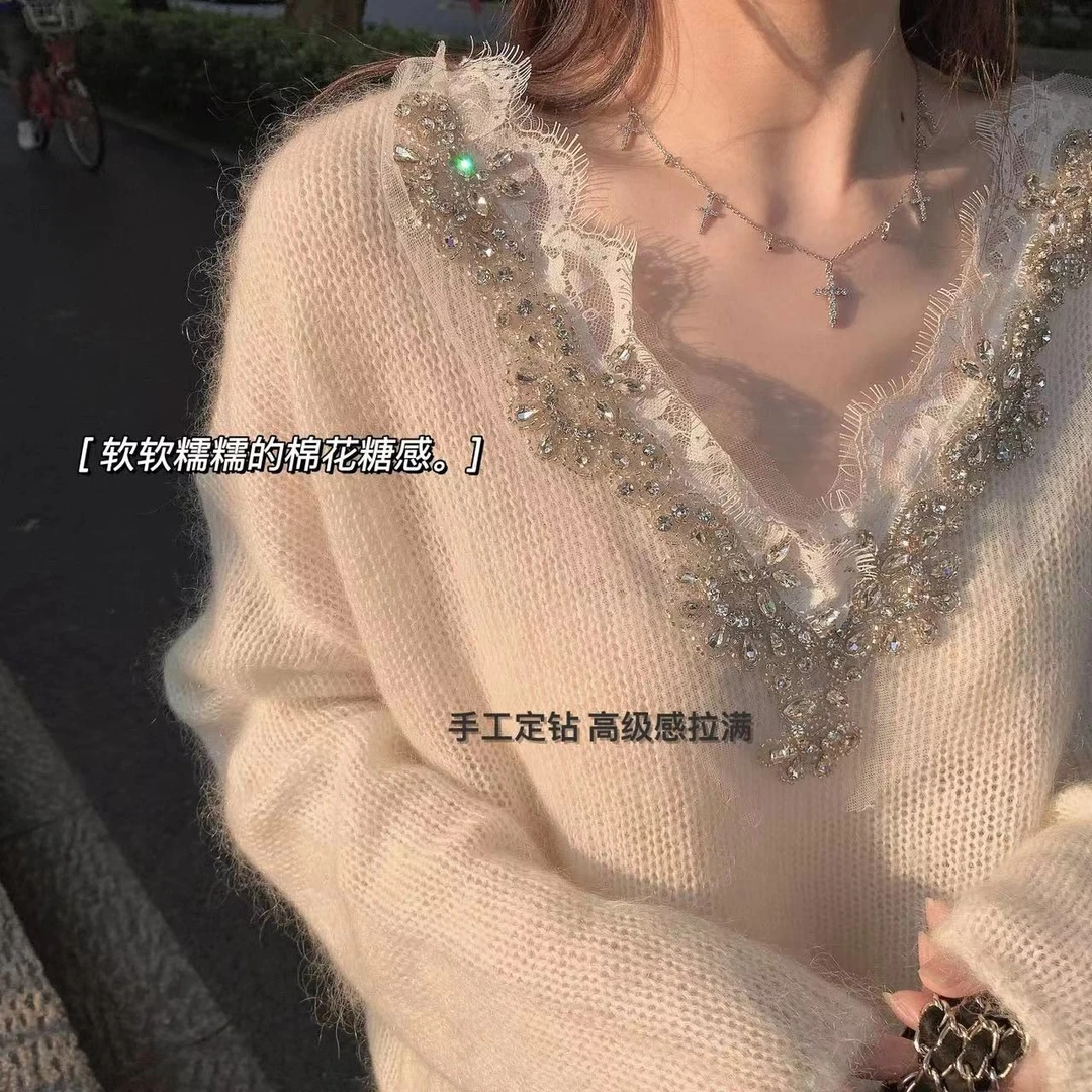 NAIVVY【柏林夜光】气质秋冬蕾丝长袖秋季宽松慵懒风针织V领毛衣