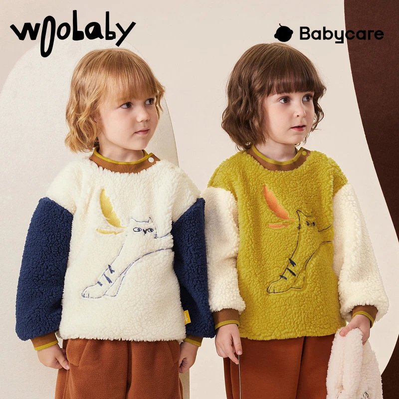 【达人】woobaby童装22年冬季保暖羊羔绒套头厚卫衣WB2206049