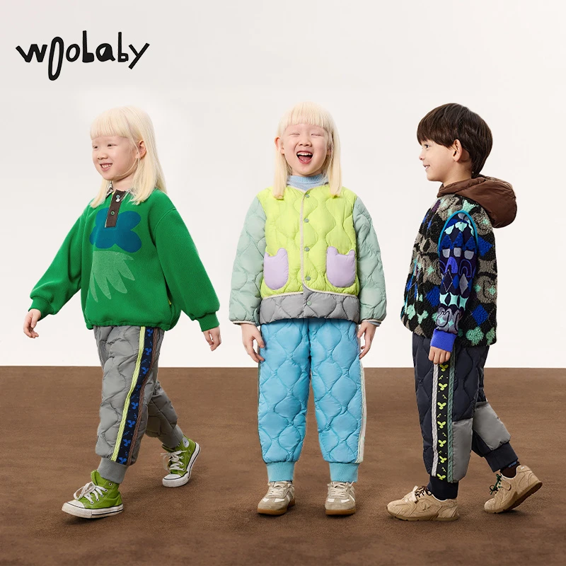 【达人】800蓬大朵绒|woobaby儿童羽绒裤男女童冬季撞色休闲长裤