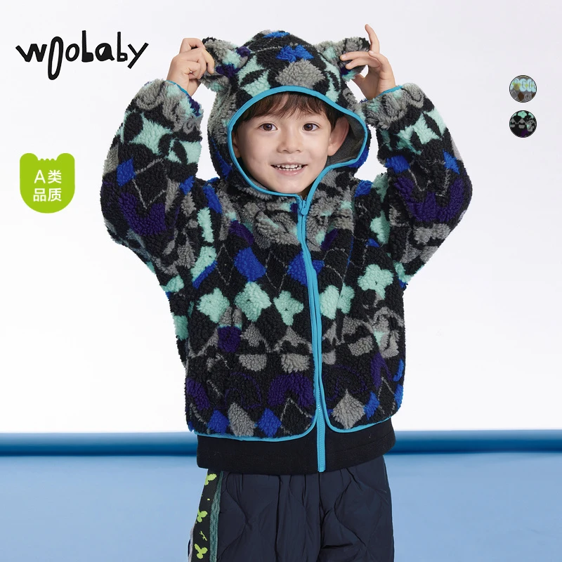【冬新】woobaby儿童外套连帽撞色CC抱摇粒绒上衣WBG43O030103