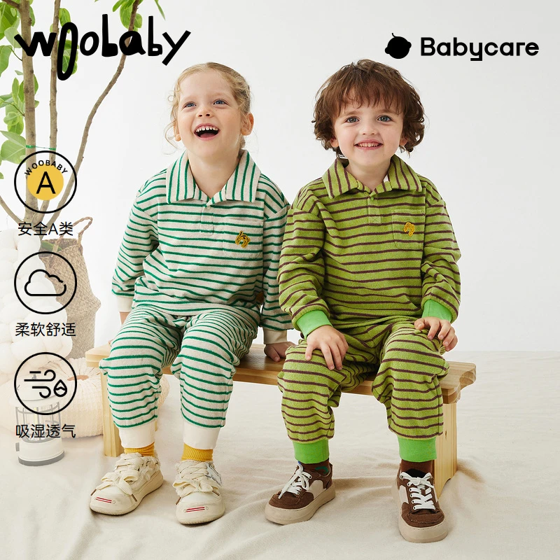 【条纹套装】woobaby童装儿童春秋季毛巾家居服卫衣裤子WB2208078