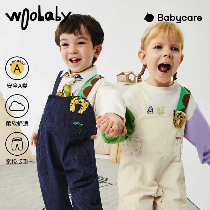 【水洗软牛仔】woobaby童装春秋时髦中小童休闲背带裤WB2208040