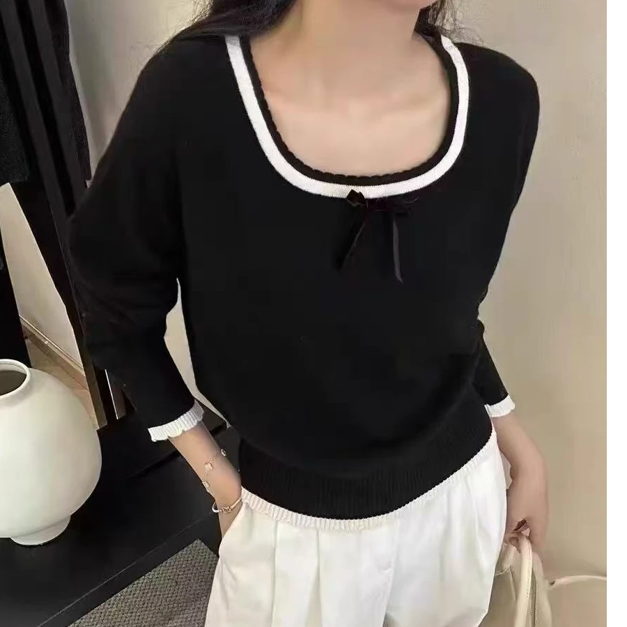 2024秋冬新款女小个子韩系减龄蝴蝶结甜美贸易打底衫