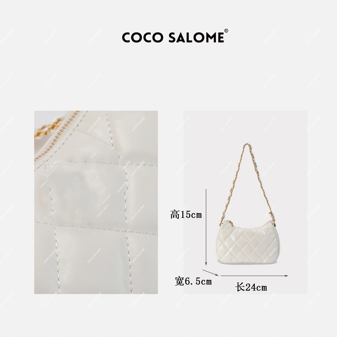 COCO SALOME【白山茶】头层牛皮菱格小香风女款单肩腋下链条包2408