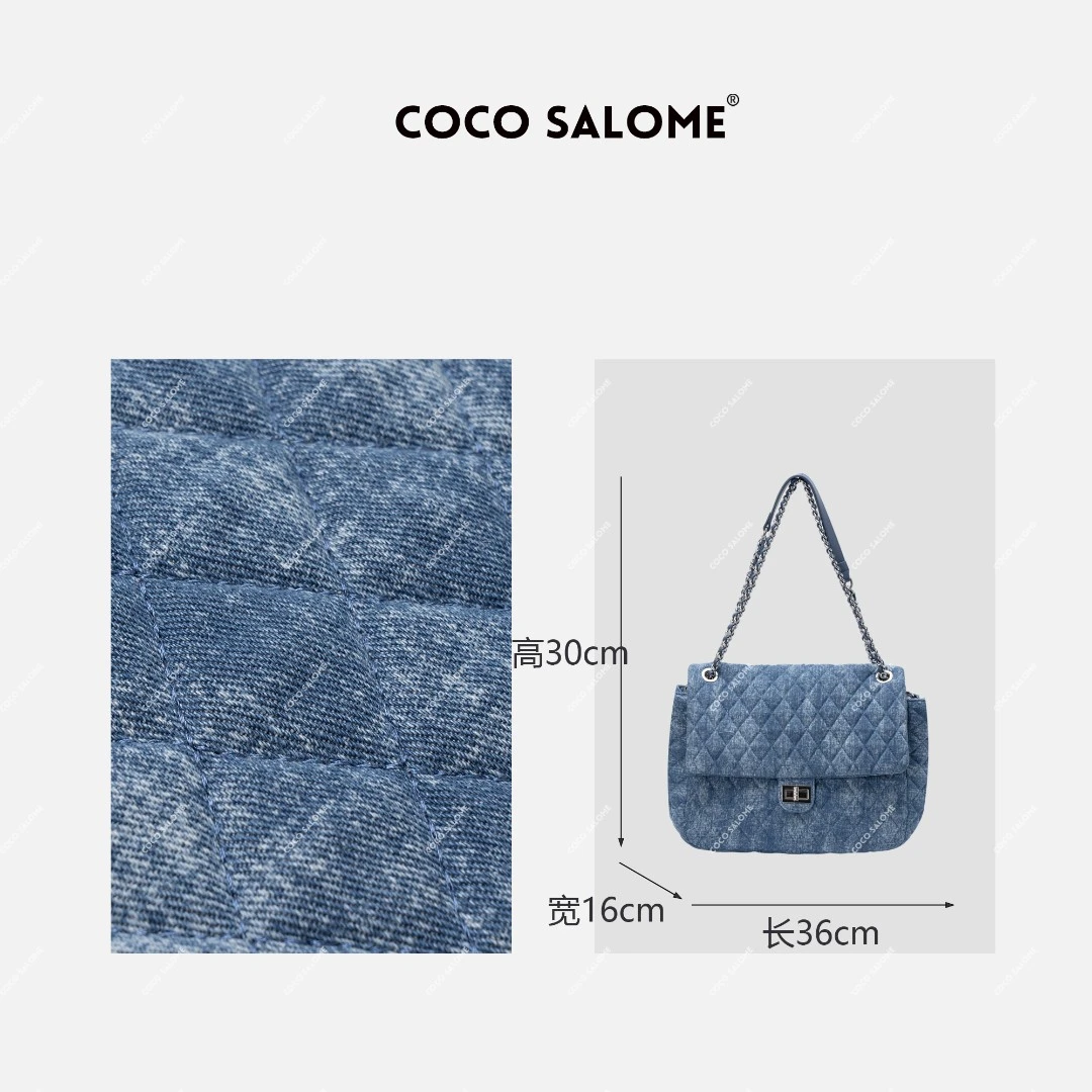 COCO SALOME【潮流节拍】牛仔布配真皮时尚休闲单肩斜跨包24040109