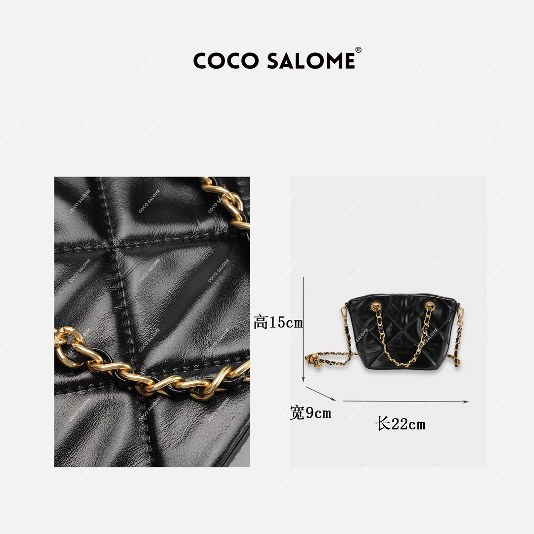 COCO SALOME【山茶花旅】头层牛皮链条金球单肩手提水桶小包H990