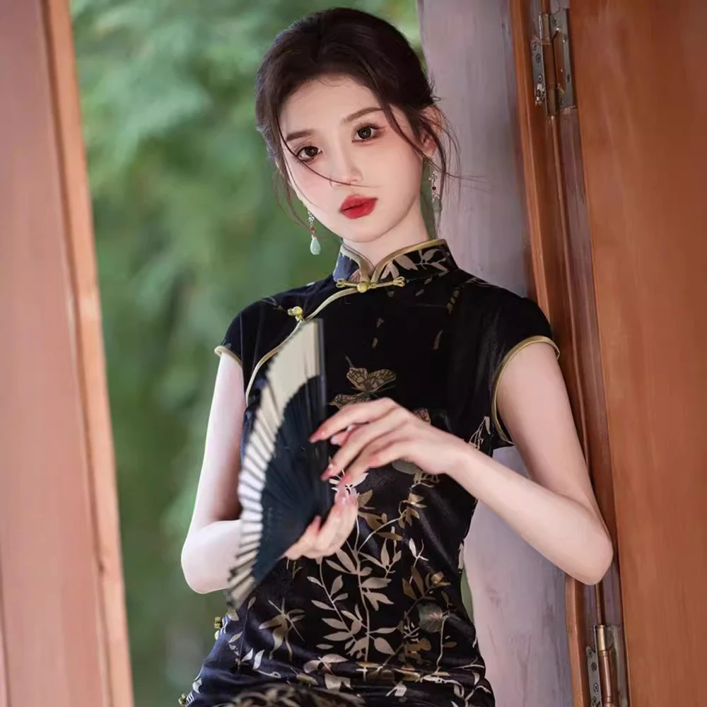 老上海复古风丝绒旗袍名媛气质御姐范2024秋冬新款优雅气质年轻款