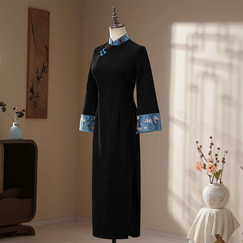 风陵渡/秋冬仿清汉加绒雪尼尔重工刺绣长款旗袍复古收腰显瘦