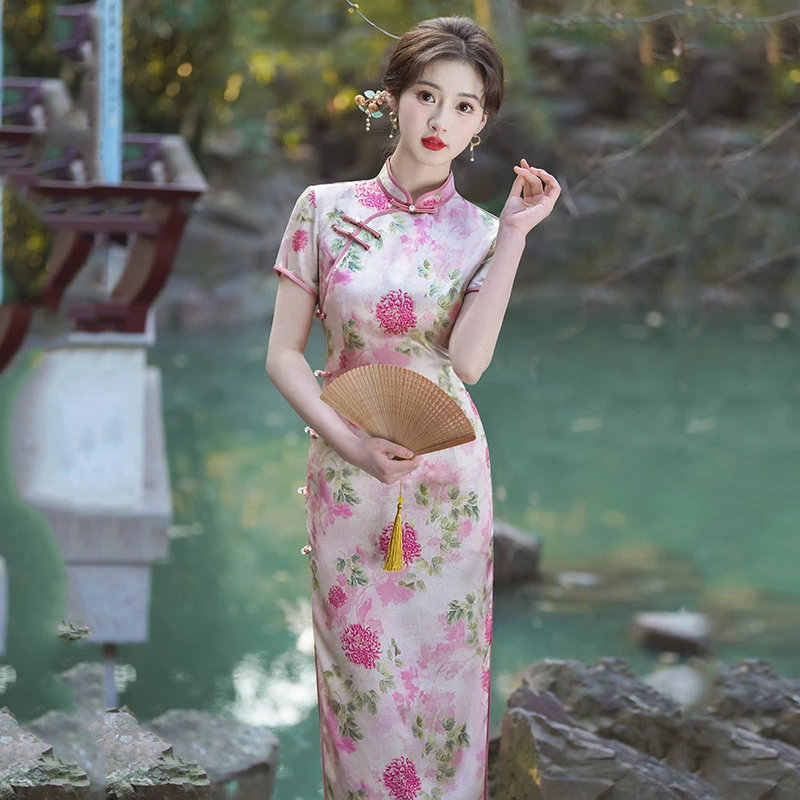 日常长款2024新款年轻款少女复古修身高端气质连衣女款春夏旗袍