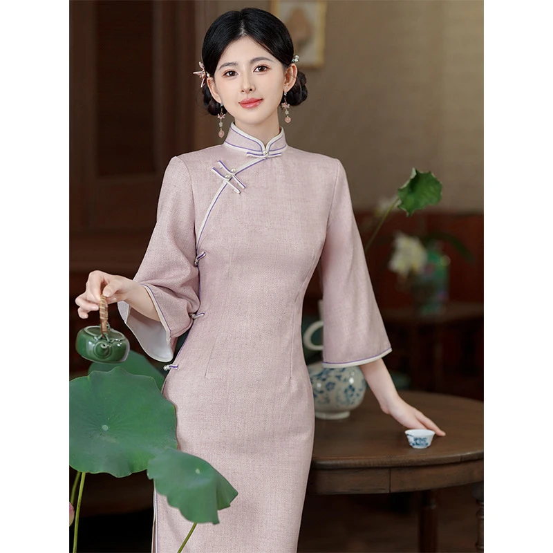 紫色长袖旗袍连衣裙女长袖复古倒大袖温婉优雅气质旗袍日常可穿秋