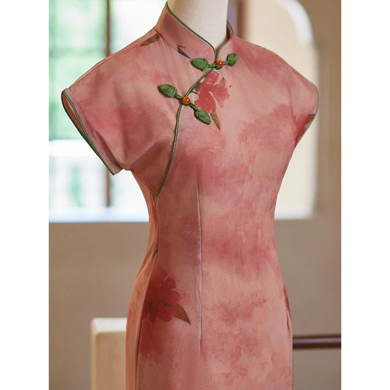 旗袍2024新款夏季粉色连衣裙改良绝美少女年轻款新中式显瘦好看