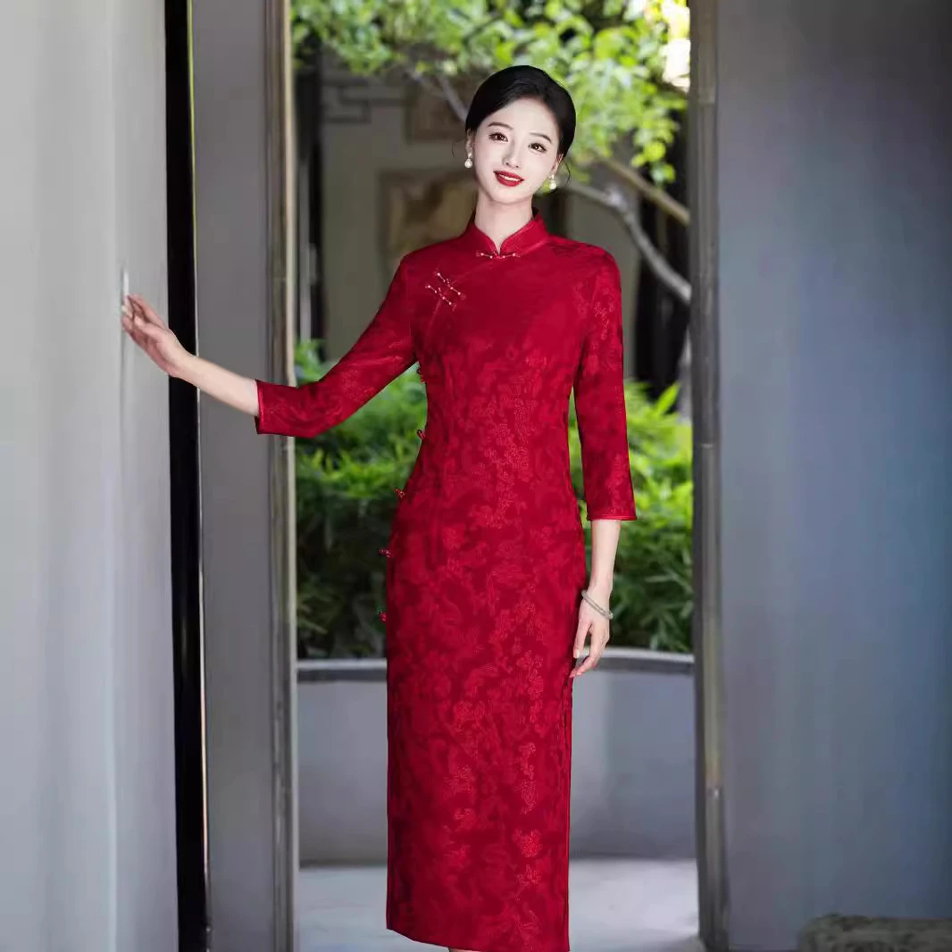 2024旗袍秋季新款女红色长款女妈妈婚宴喜婆婆复古气质日常敬酒服