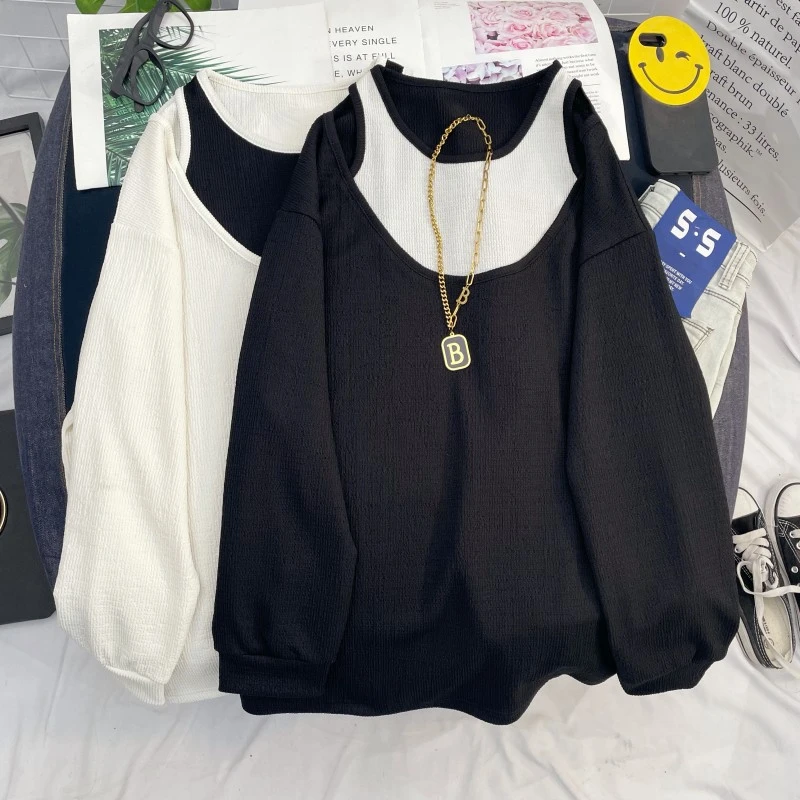 设计感假两件长袖T恤女秋季大码胖MM大版显瘦中长款露肩上衣宽松