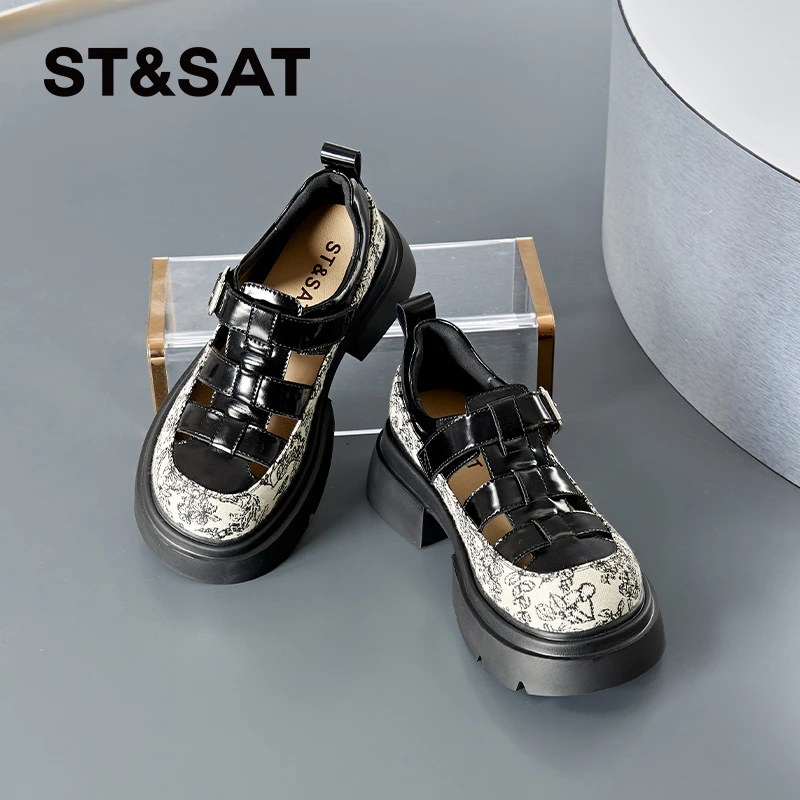 星期六时装凉鞋女夏季印花小皮鞋新中式国风乐福鞋2025新款罗马鞋