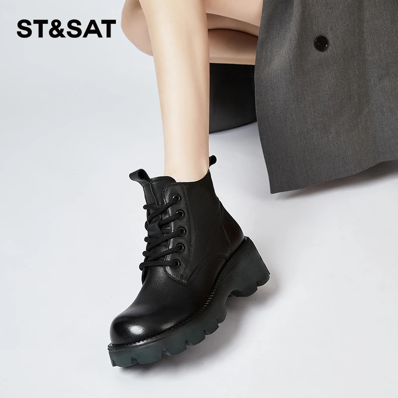 星期六复古风小个子马丁靴秋冬2025百搭时尚女靴黑色复古厚底短靴