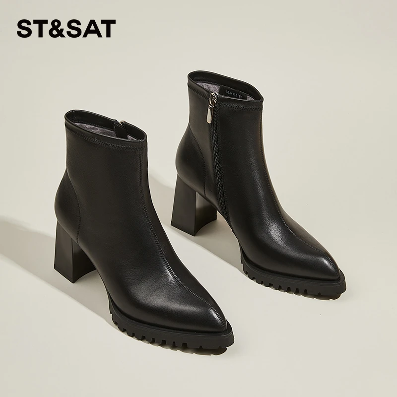 星期六羊皮7.5cm高跟短靴女2025冬季尖头加绒英伦真皮时尚瘦瘦靴