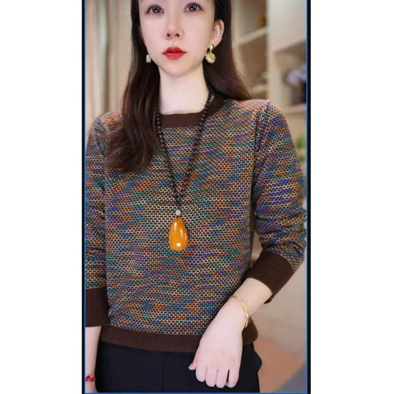 【ZW3】时尚圆领拼色毛衣女2024新款秋冬针织衫上衣气质减龄打底衫