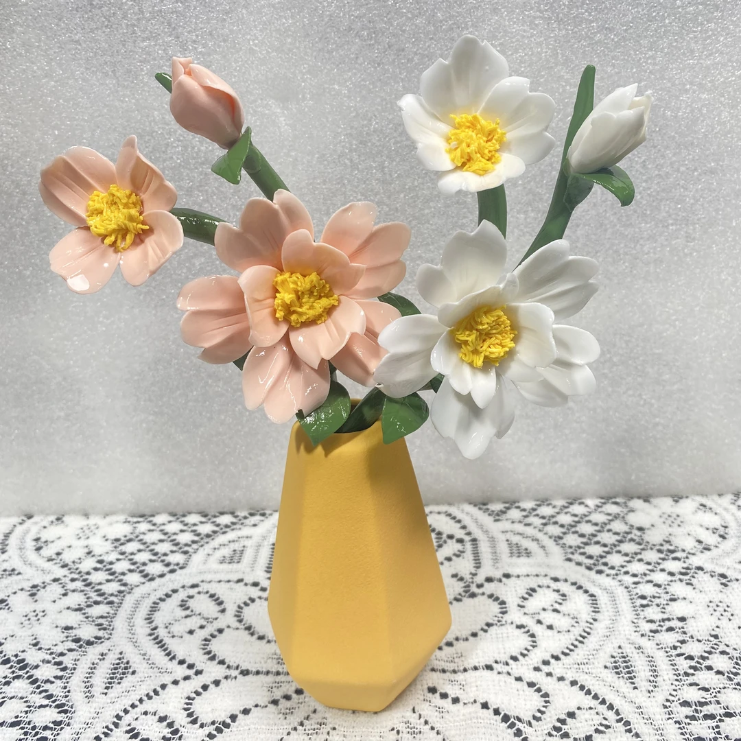 纯陶瓷手工波斯菊连花瓶新中式送礼创意家居摆件装饰仿真永生花