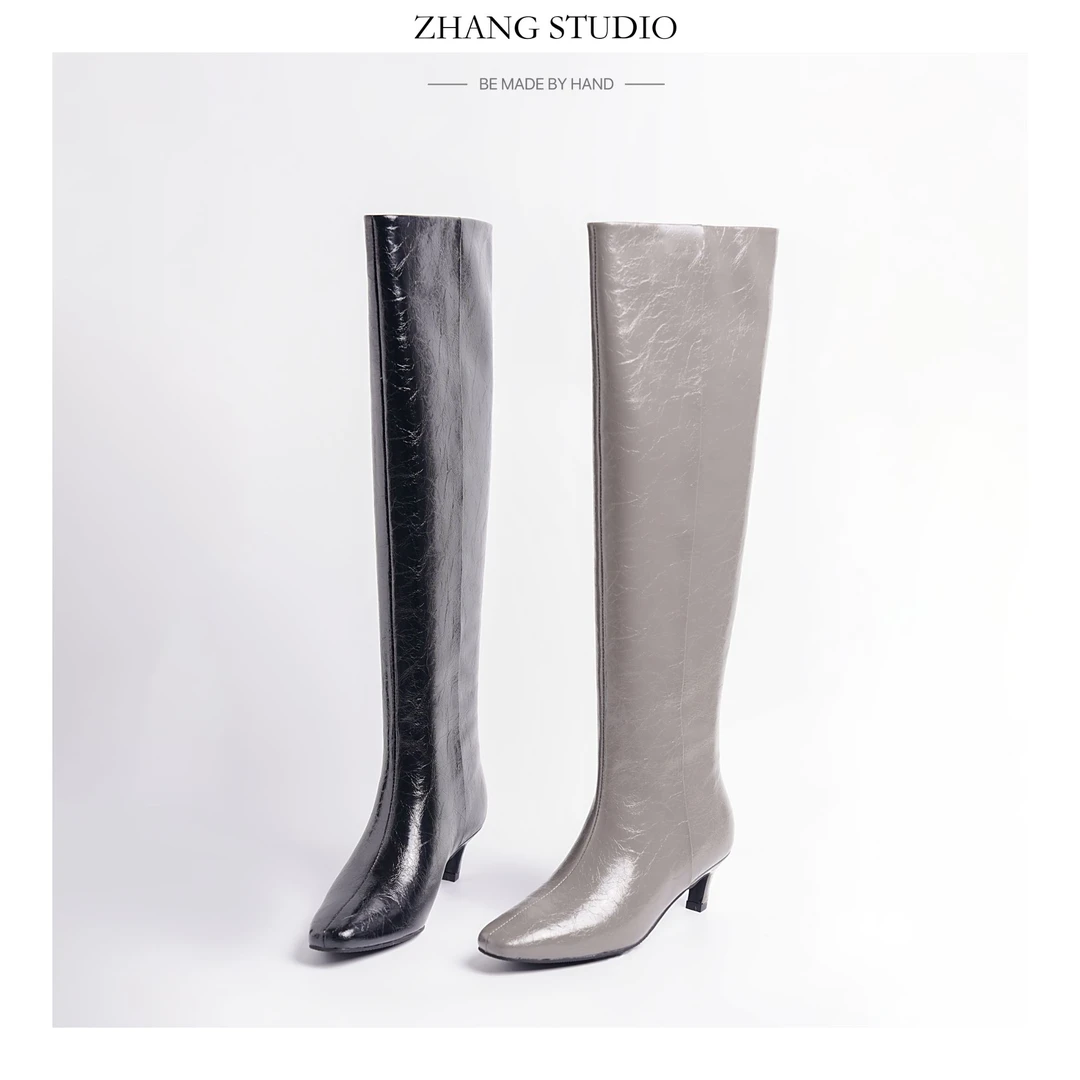 秋冬季新款高定版方头小猫跟高筒骑士靴