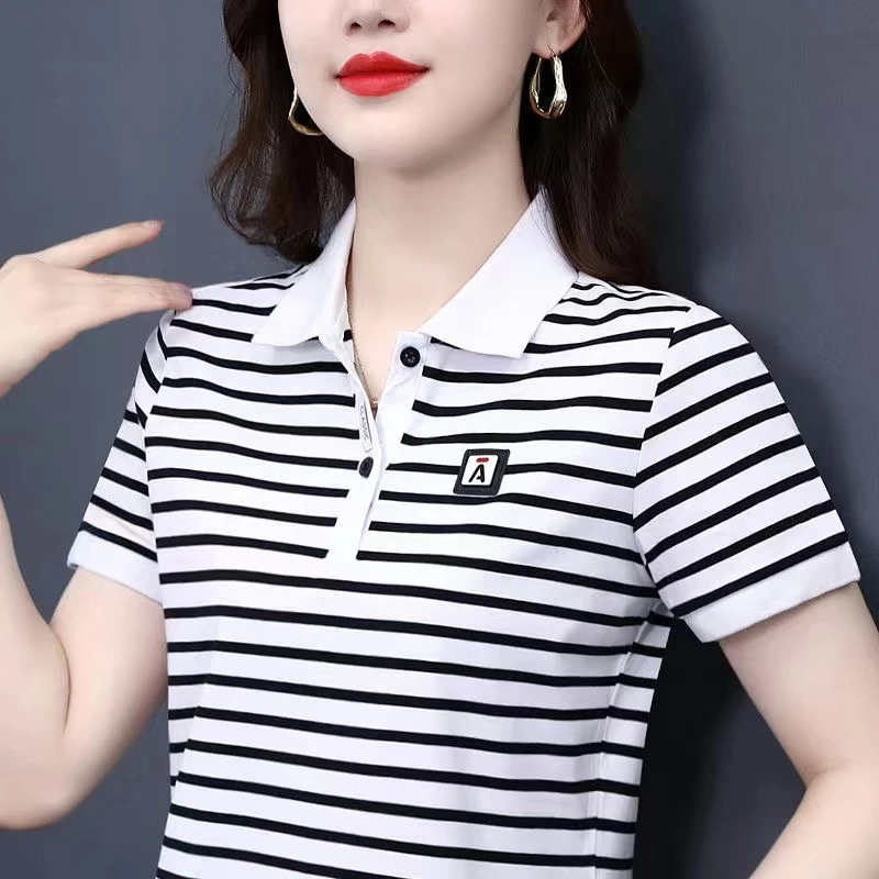 t恤女夏季条纹时尚百搭宽松大码显瘦翻领减龄气质上衣妈妈装