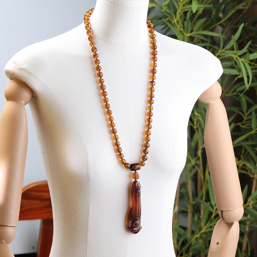 万福缅甸琥珀长脸佛精品雕刻设计套链时尚大气百搭款男女同款