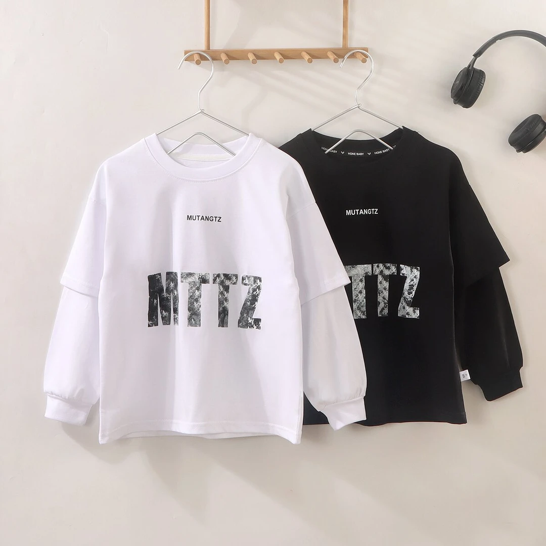 【MTTZ】2024潮酷打底衫拼接袖中大童潮流韩版长袖T恤圆领宽松