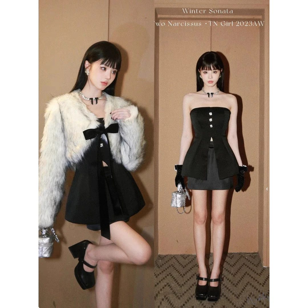 两只水仙 星光闪钻 聚会生日公主裙毛毛外套蝴蝶结缎面感连衣裙套