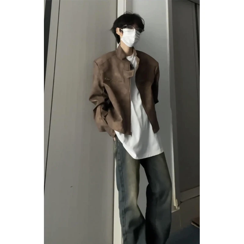 cleanfit短款皮衣外套男秋冬美拉德穿搭棕咖色美式复古飞行员夹克