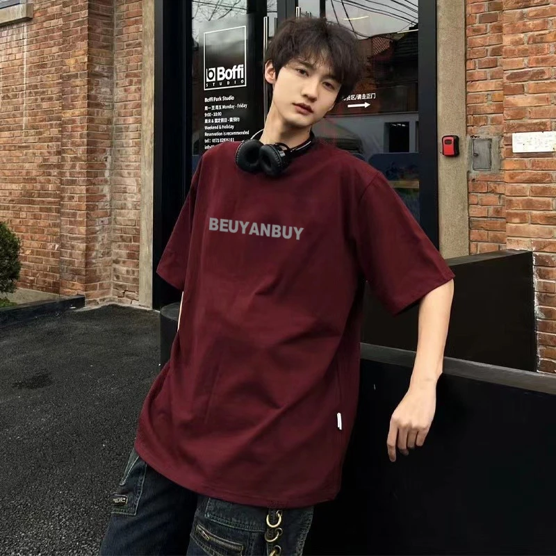 280g夏季美式重磅cleanfit短袖t恤男生潮牌vibe风酒红色情侣半袖