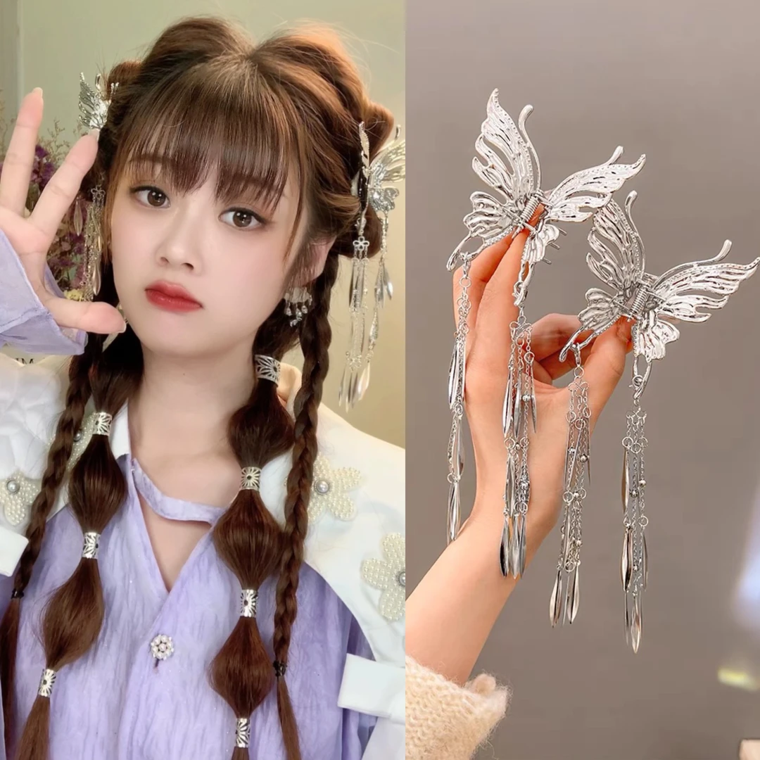 流苏蝴蝶抓夹古风汉服超仙甜美银色发夹头饰气质