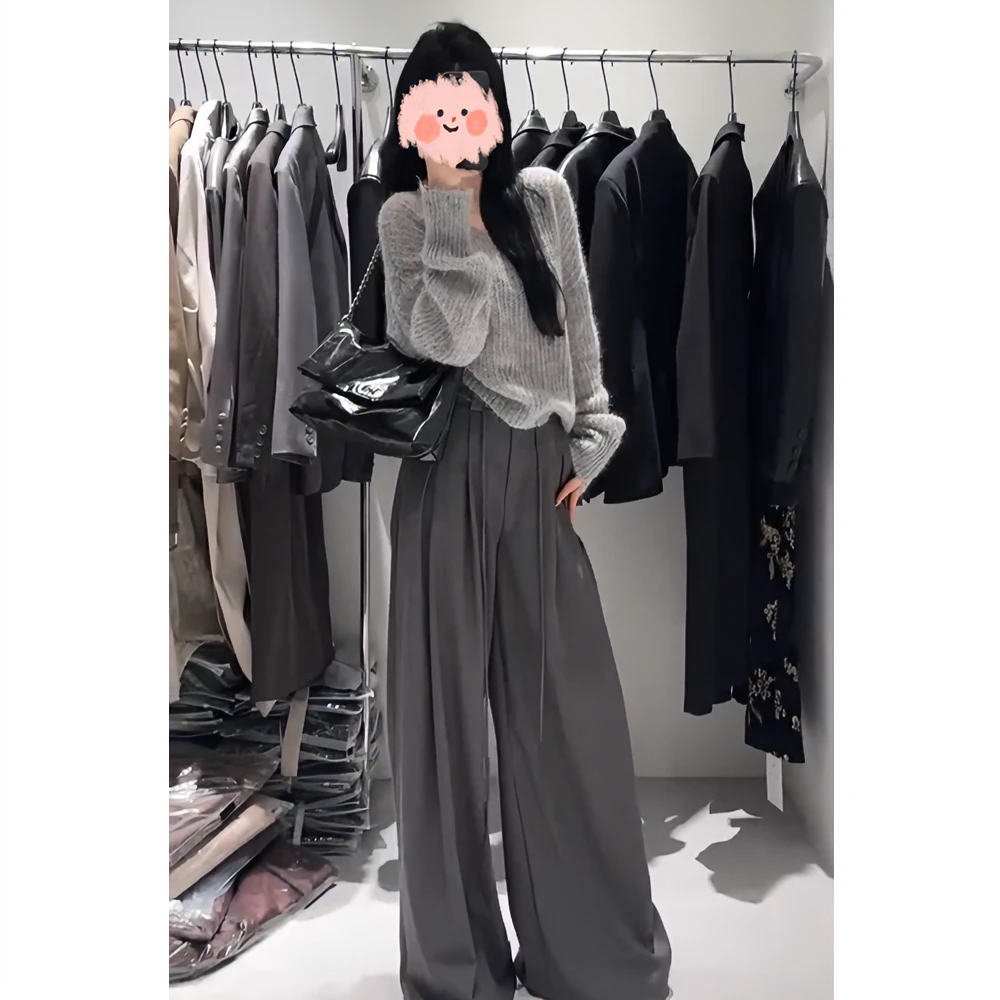 秋季新款女软糯宽松慵懒懒时尚百搭灰色毛衣高腰显瘦阔腿裤两件套