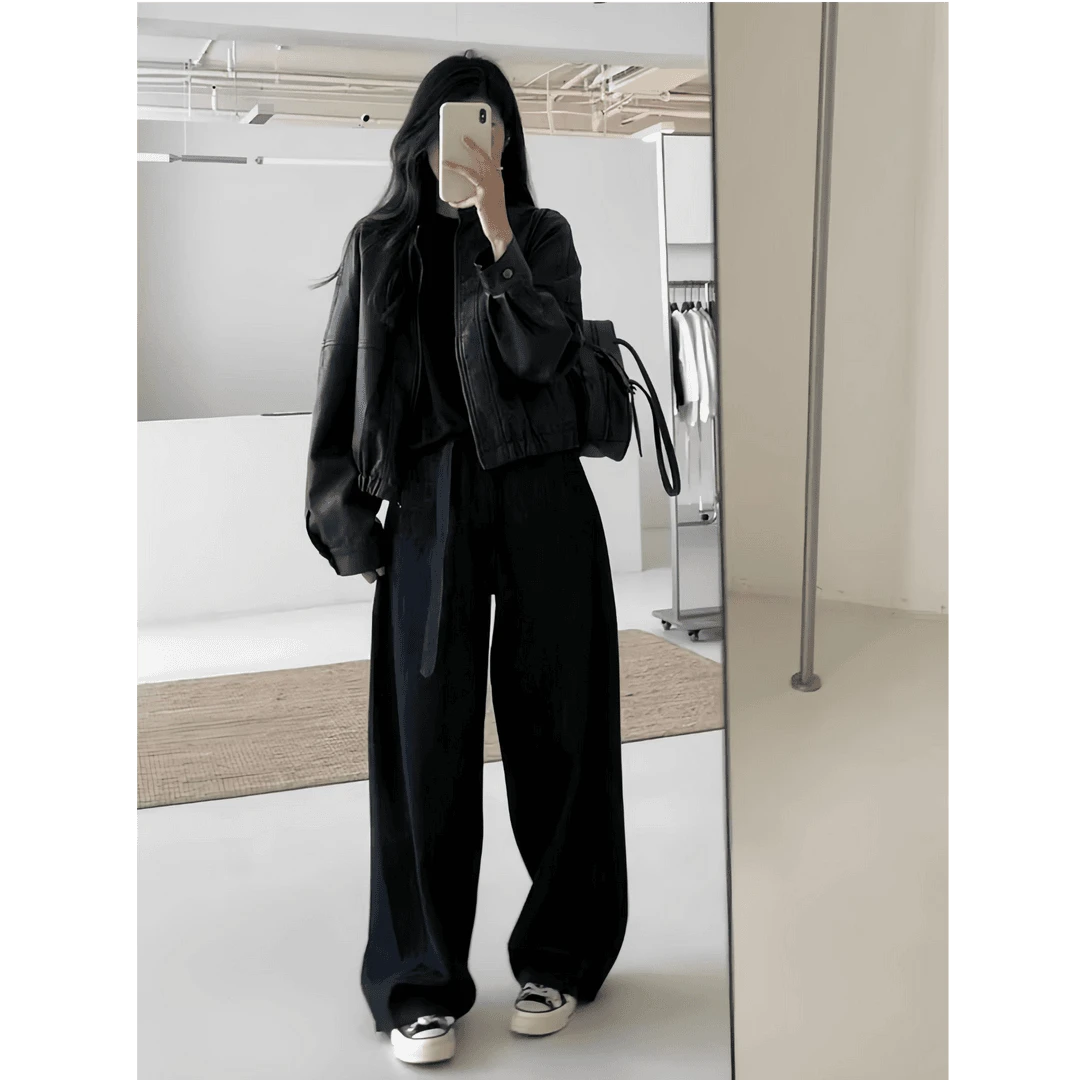 短款黑色皮衣韩系小香风正肩休闲外套女春秋款宽松慵懒风黑色裤子