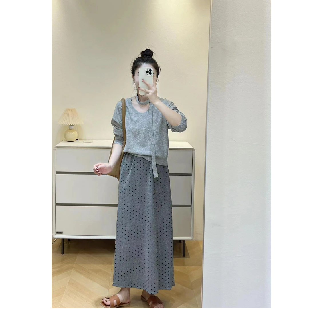 2024秋季新款韩版波点半身裙高腰遛弯裙直筒裙长裙韩版女装毛衣