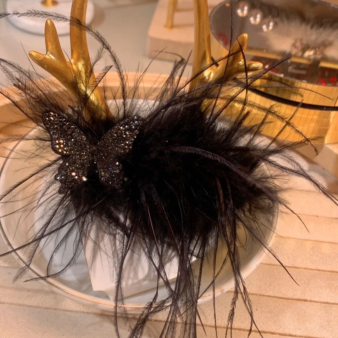 复古黑色羽毛蝴蝶鸭嘴夹侧边夹