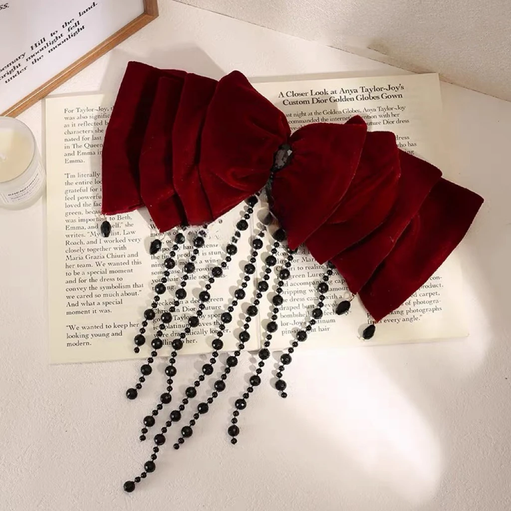 秋冬丝绒流苏蝴蝶结高端顶夹发卡赫本风气质弹簧夹