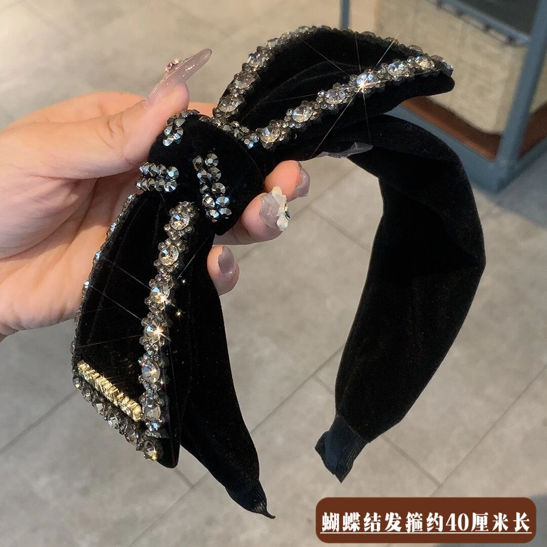 黑色丝绒水钻蝴蝶结发箍高级感外出百搭发捆洗脸头箍