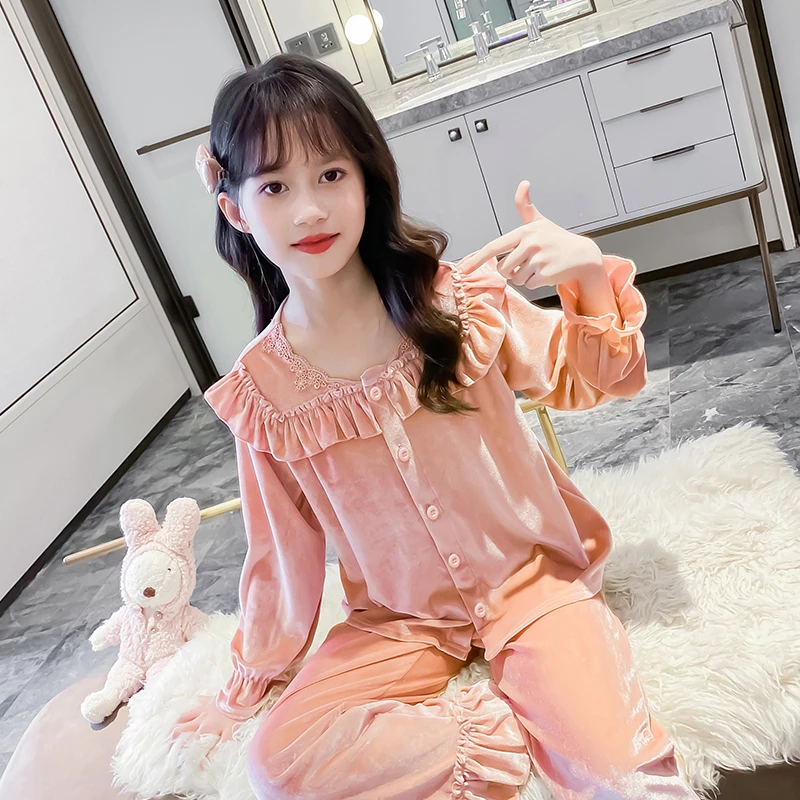 2023春秋新款女童金丝绒睡衣套装洋气开衫款中大童儿童家居服长袖