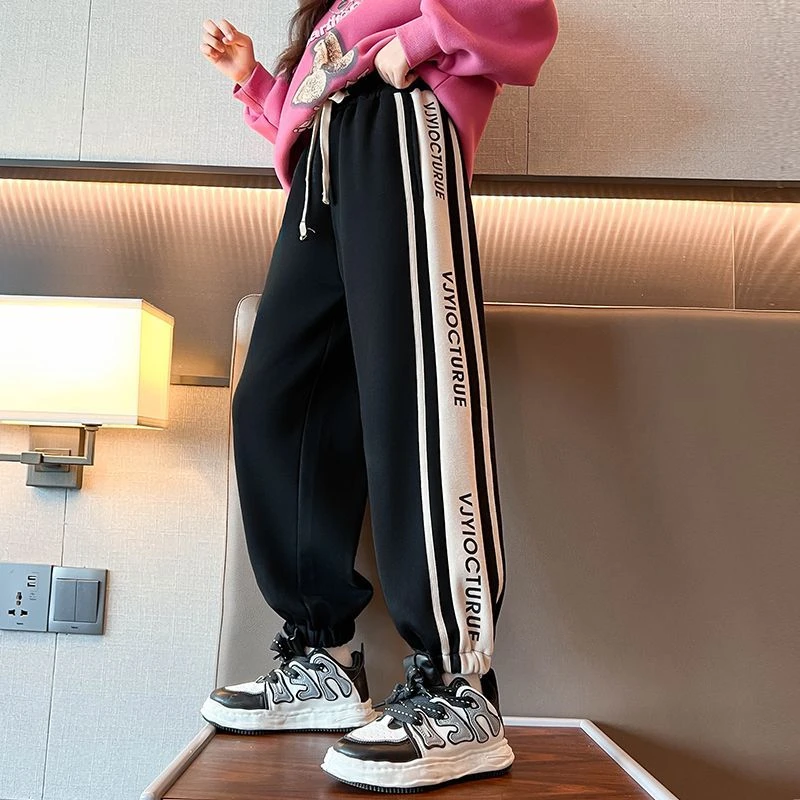 女童加绒裤子秋冬款外穿儿童加厚休闲卫裤女大童冬装一体绒运动裤