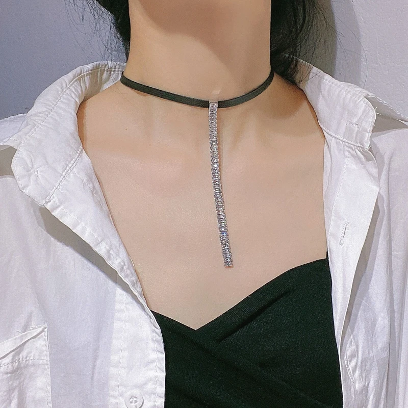 合金皮质项链 高级感皮质锆石闪钻流苏项链女镶钻锁骨链chocker