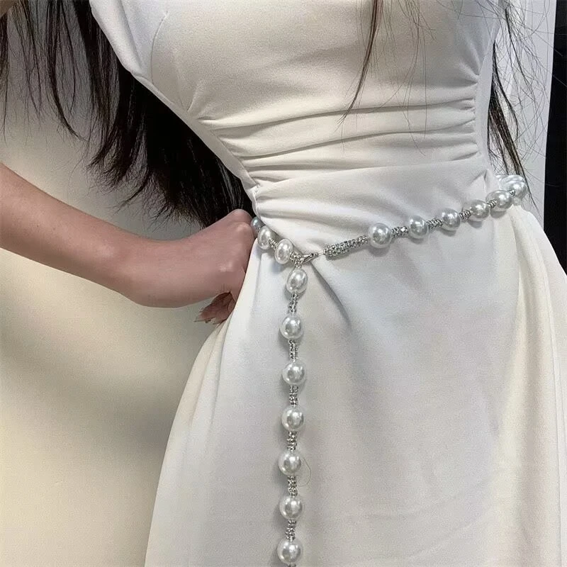 镶钻仿珍珠链条细腰带女连衣裙子腰链裙带收腰配饰