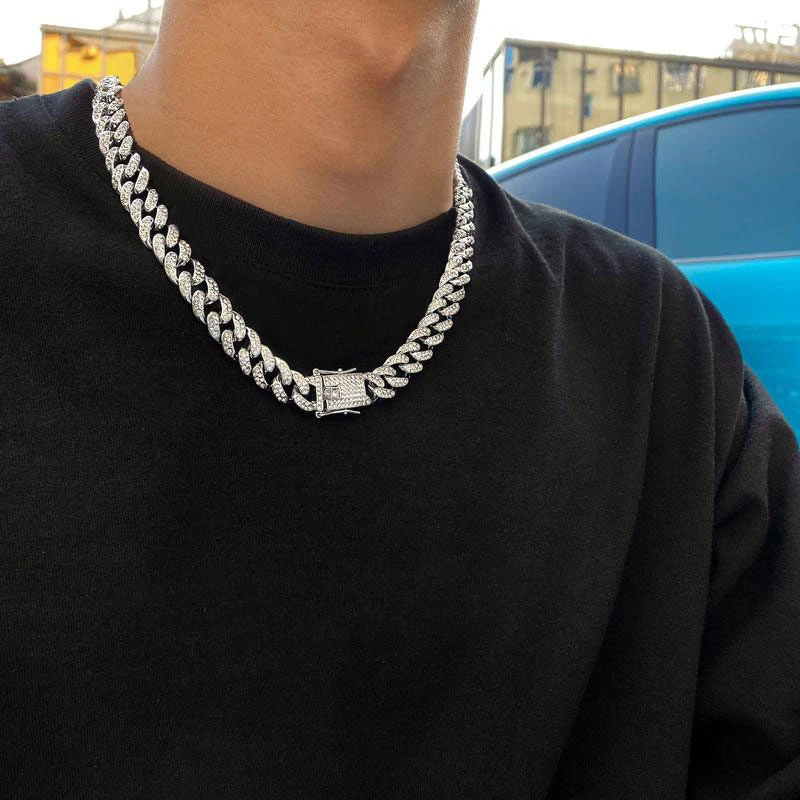 合金项链 金属古巴满钻水晶链男女项链粗潮嘻哈时尚锁骨素链子