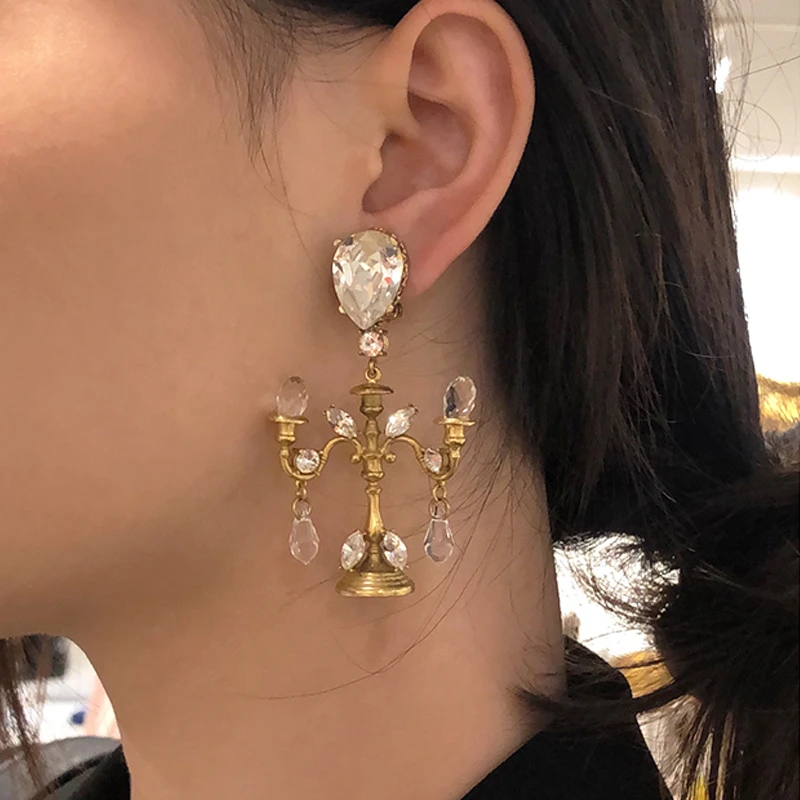 铜合金耳饰 复古巴洛克时尚水晶吊灯耳环长款镶钻夸张耳钉耳夹女