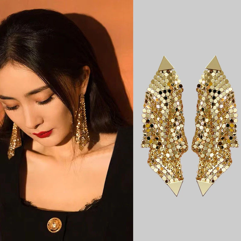 铜合金耳饰 高级感气质亮片流苏耳环不规则长款网状耳坠耳夹