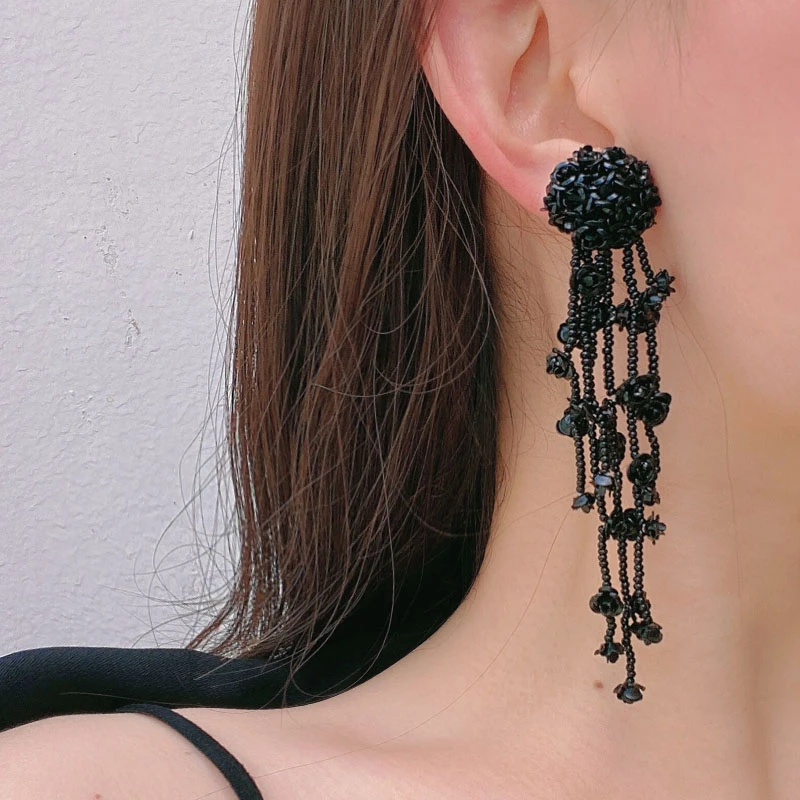 合金耳饰 暗黑法式串珠黑色长款玫瑰流苏耳环女轻奢长款耳坠