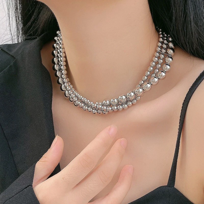 锌合金项链 秋冬博主串珠球颈链银色金属球叠戴项链锁骨链卫衣链