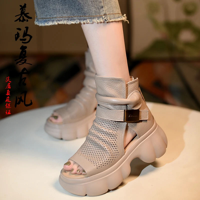 【慕玛】头层牛皮鱼嘴凉鞋女欧货潮夏靴镂空厚底手工罗马鞋18616-1