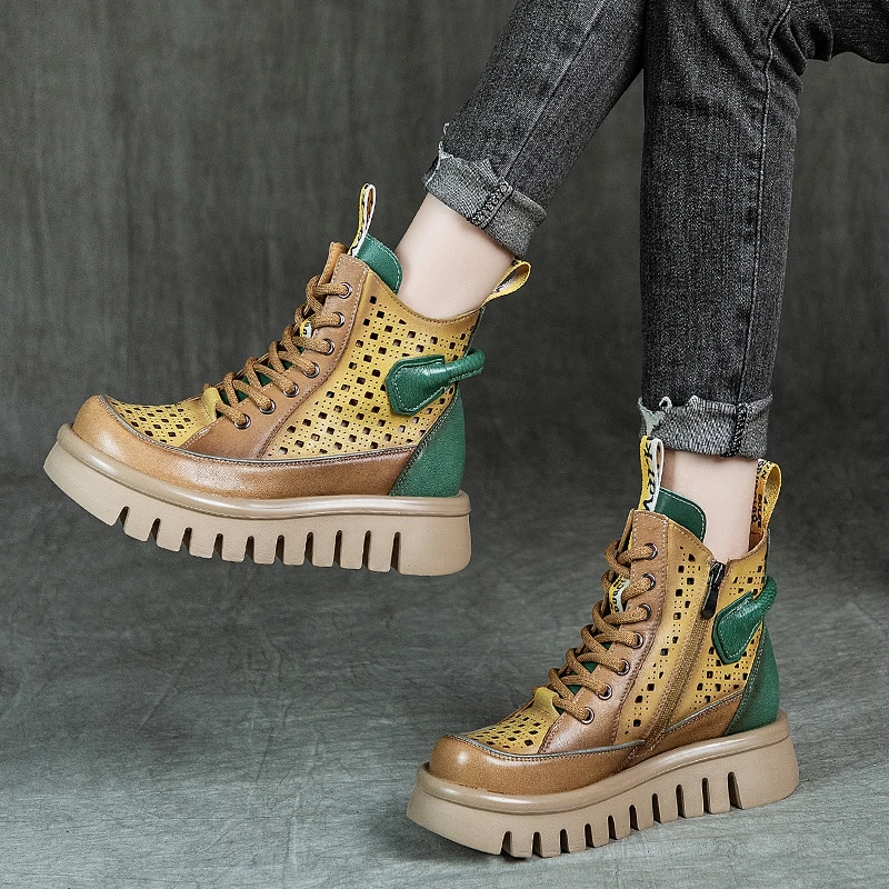 【慕玛】头层牛皮撞色厚底手工复古民族风镂空短靴真皮37269-1